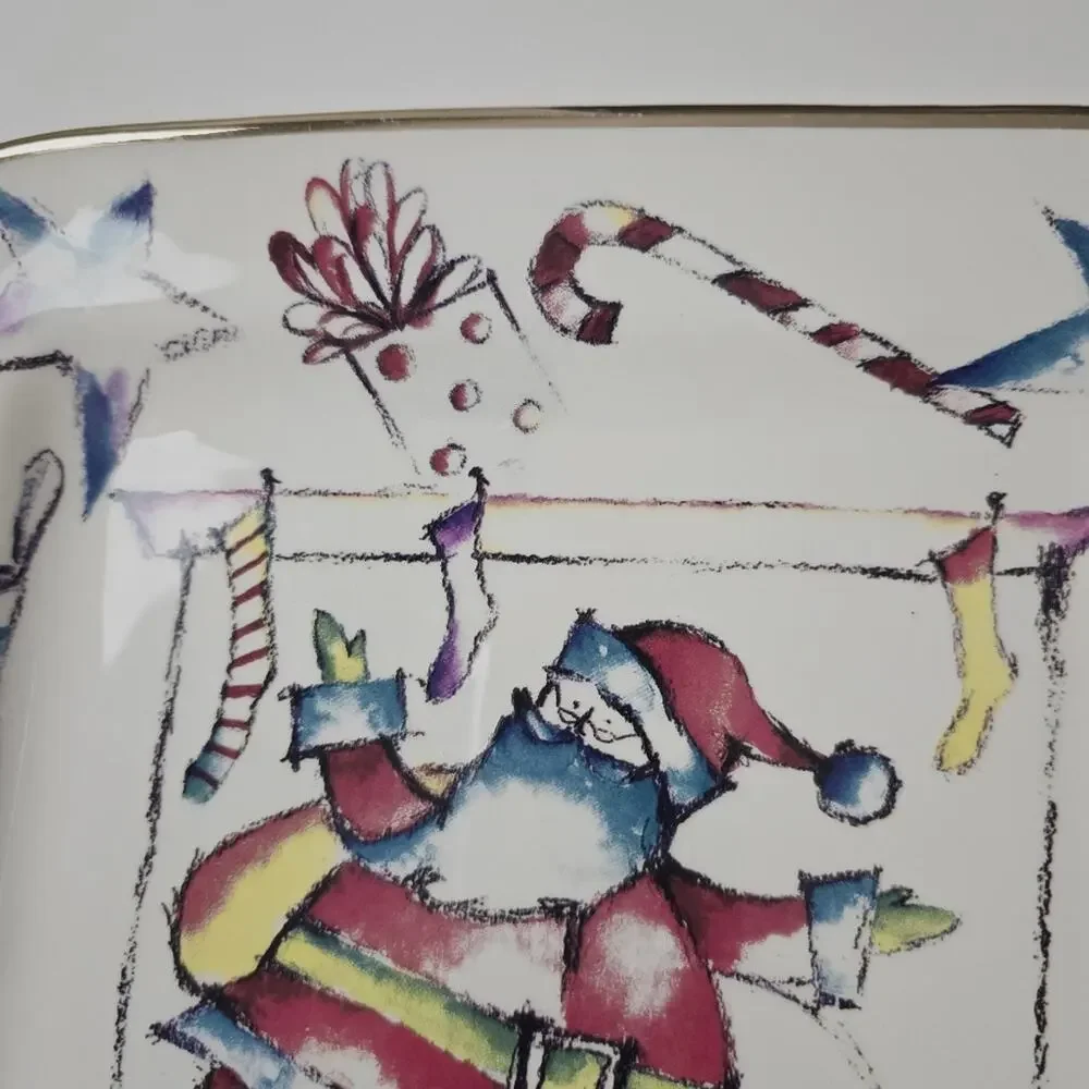 Rosanna Santa Magic Italy Square Christmas Plate Christmas Vintage Gold Rim